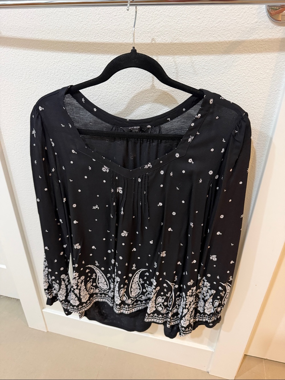 Lucky Brand Black Blouse with White Paisley Border